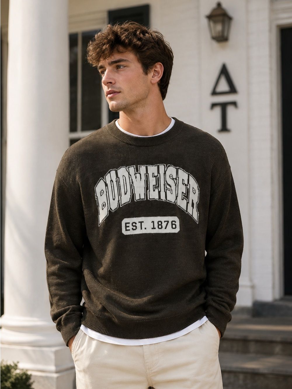 Budweiser By PacSun Sports Club Brown Knit Graphic Pullover Sweater in S